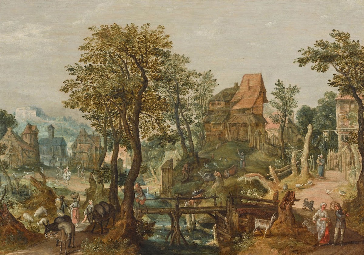A village landscape with a stream