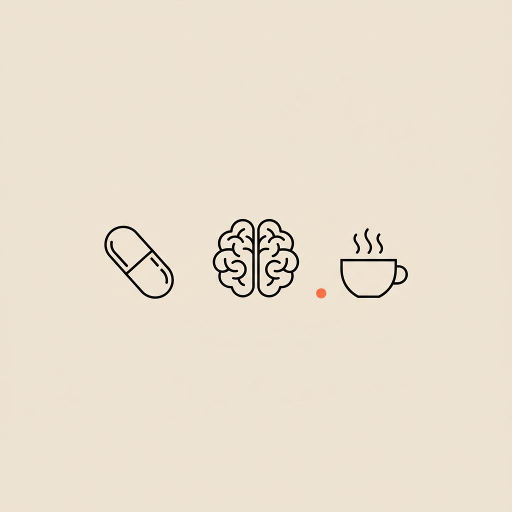 Minimal line illustration of a capsule, simple brain icon and steaming cup on beige background, symbolizing best supplements for studying in a clean Tonum style.