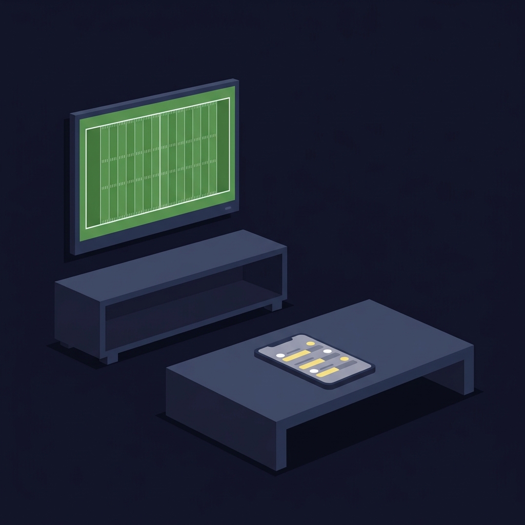 Minimalist 2D vector living room with TV showing a stylized football field and a smartphone on a coffee table displaying simplified odds bars representing rose bowl betting line
