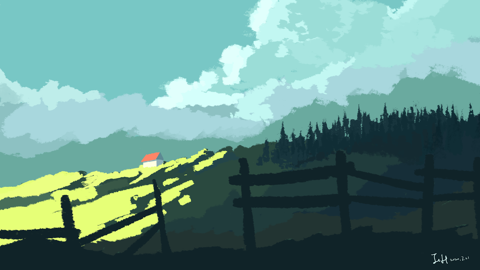 House On A Sunny Hillside - Minimalist Digital Art 4K Wallpaper (4765x2680)