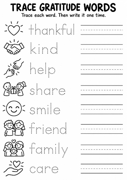 Trace Gratitude Words Worksheet
