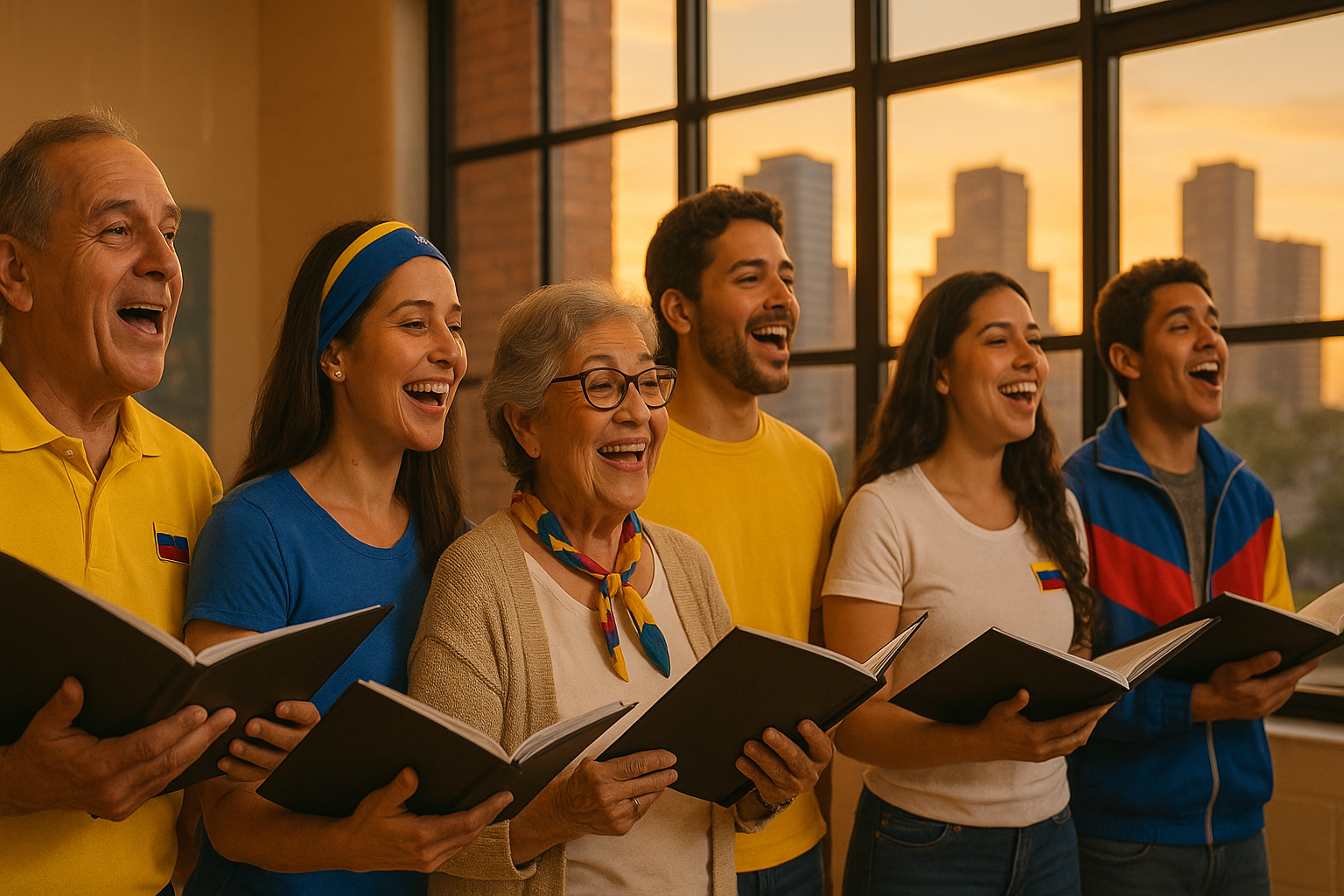 Venezolanos de la diáspora cantando en coro durante un ensayo comunitario