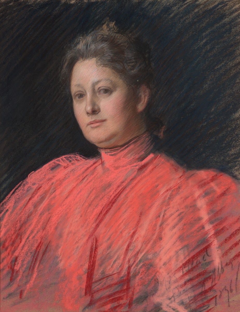 Portrait of Mrs Abbey in pink dress waistlength 1896