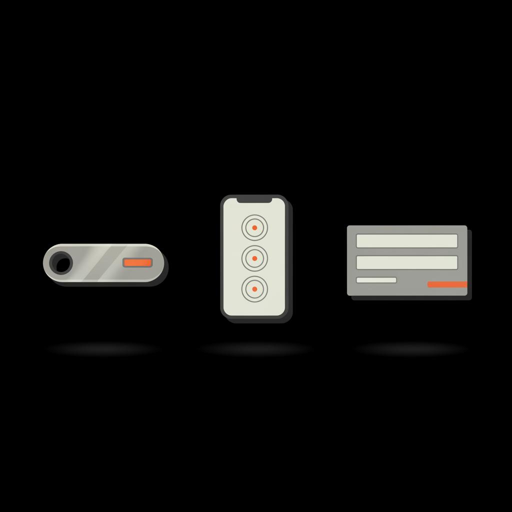 Flat vector infographic of a security key, authenticator app, and backup code card on a black background illustrating how to recover Gmail without password