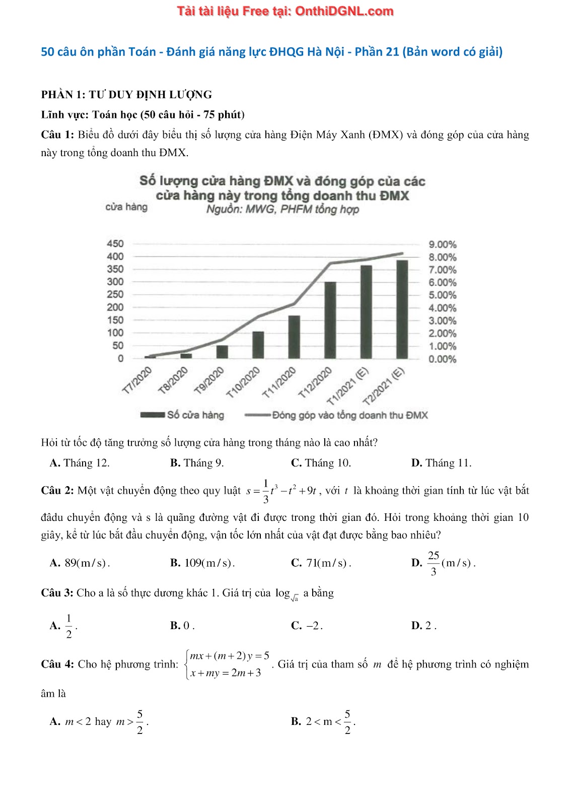 1300 bài tập môn Toán - Ôn thi ĐGNL ĐHQG Hà Nội Phần 21
