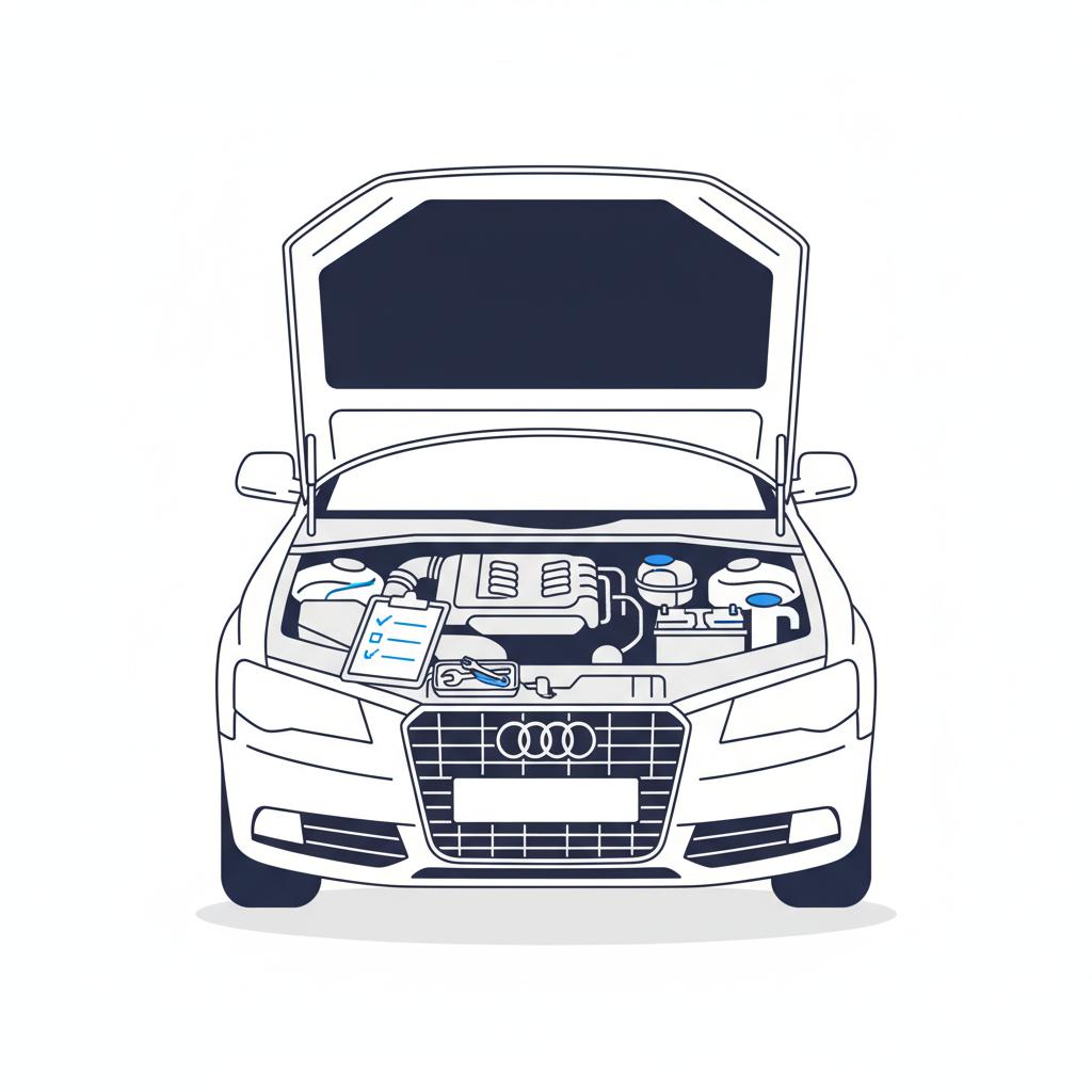 Minimalist vector illustration of an open engine bay of an audi a4 for sale with a clipboard checklist and tools on a white background in CarFax Deals blue palette