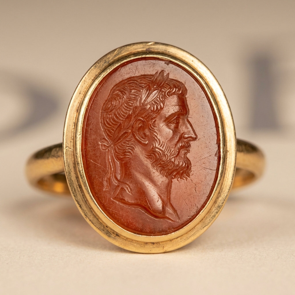 Close up of a Roman intaglio gemstone set in an antique gold bezel on a warm neutral background showcasing carved details and fine metalwork romanjewelry