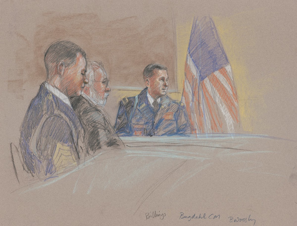 Military personnel including John Billings seated during court martial of Bowe B