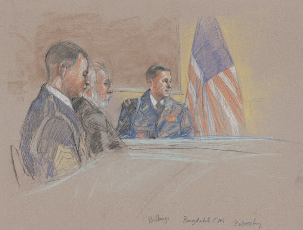 Military personnel including John Billings seated during court martial of Bowe B