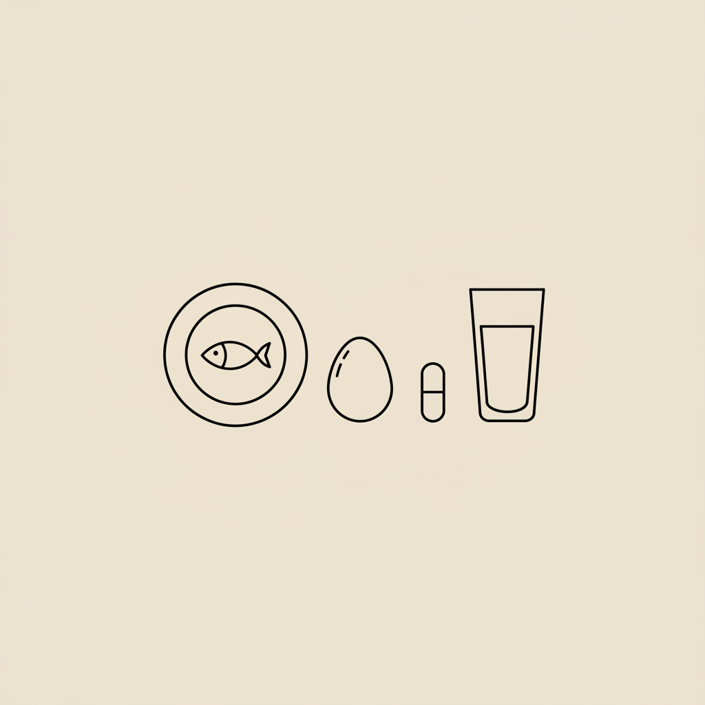 Minimalist line illustration of a plate with a fish, an egg, a small capsule and a water glass on a flat beige background, representing how to reduce men's tummy fat.