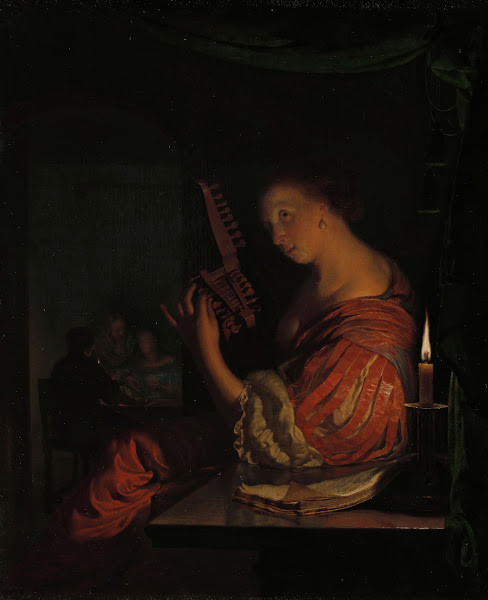 Vrouw die een teorbe stemt 1665