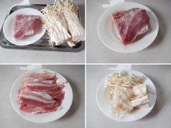 Thịt ba rọi sau khi rửa sạch, để vào tủ lạnh trong 30 phút. Như vậy thịt sẽ dễ thái mỏng hơn. Thái thịt ba rọi thành những lát dài mỏng vừa phải. Nấm kim châm rửa sạch, cắt đoạn ngắn vừa.