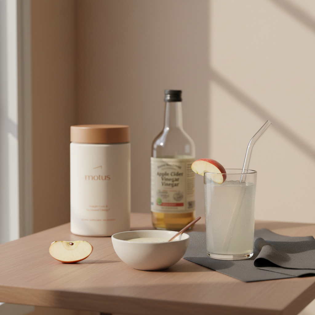 Minimalist kitchen table with a bowl of vinaigrette, bottle of apple cider vinegar, diluted tonic in a glass with a straw, and a Tonum Motus jar in background for apple cider vinegar weight loss.
