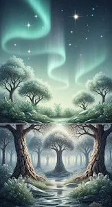 Ethereal Shimmering Glass Forest under Aurora