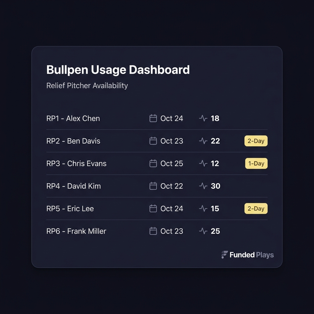 Evaluating Relief Pitcher Availability bullpen dashboard screenshot showing rows of relief pitchers with last pitched date pitches thrown and consecutive day flags on a dark Funded Plays themed background
