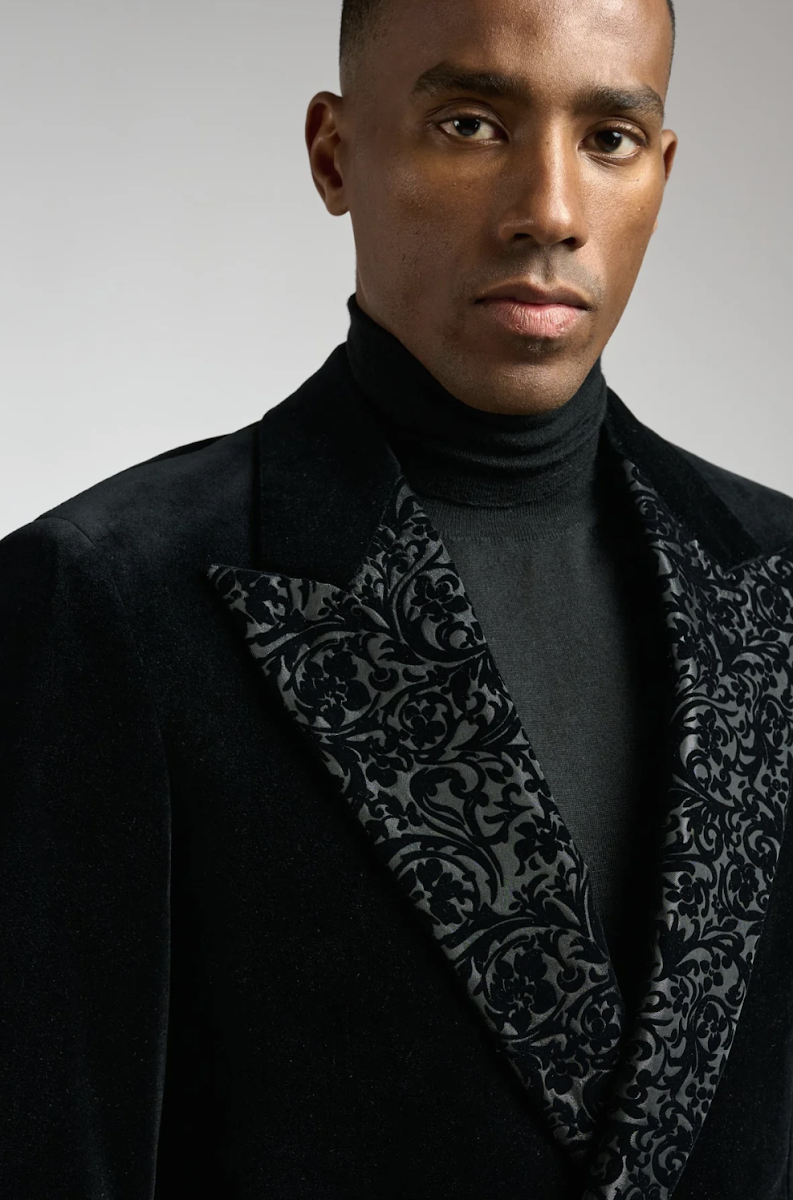 Black velvet dinner jacket with contrasting floral jacquard lapels from the Scabal Velvet Collection — bespoke formal wear by Bespoke By CB Miami