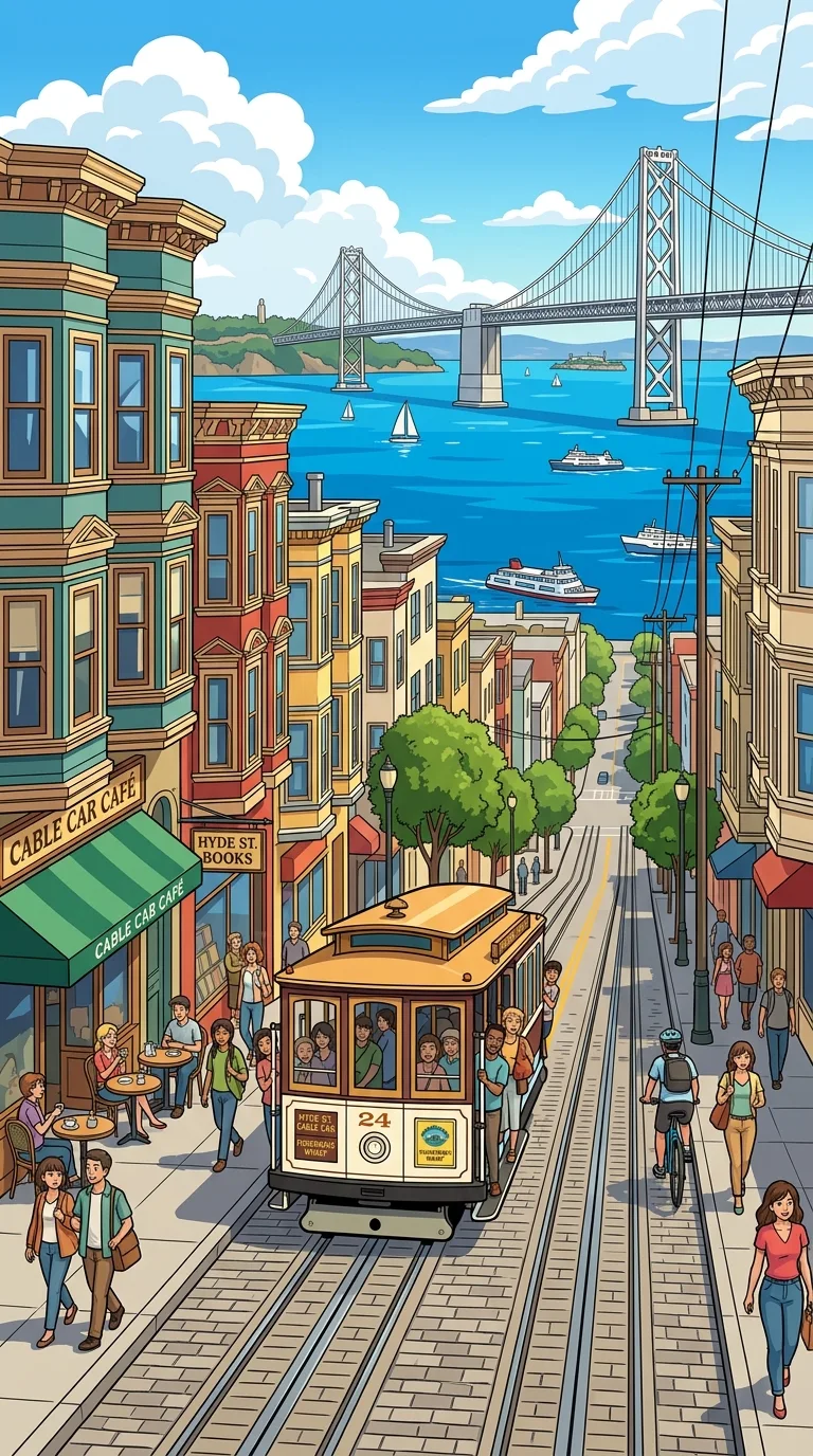 Anime Style San Francisco Street and Bay Bridge Illustration - Free 4K mobile Wallpaper