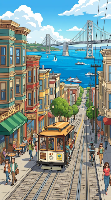 Anime Style San Francisco Street and Bay Bridge Illustration - Free mobile Wallpaper