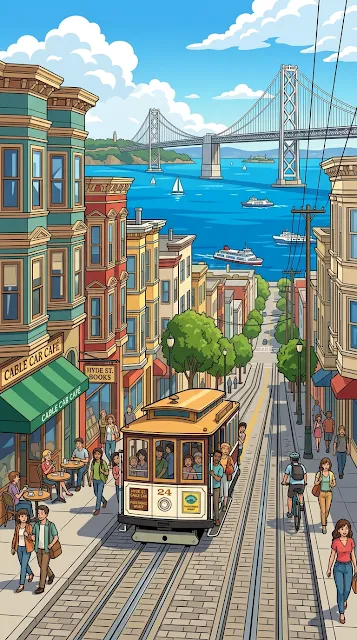 Anime Style San Francisco Street and Bay Bridge Illustration