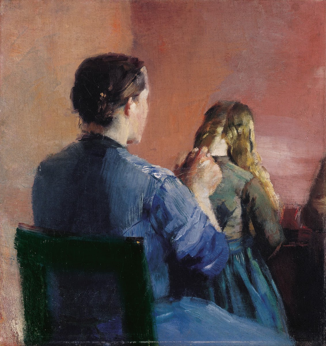 A mother plainting her little daughters hair 1888