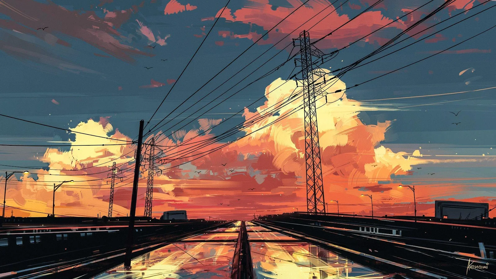 Dramatic Sunset Over The Highway - Digital Painting Aesthetic Full HD Wallpaper (1920x1080)