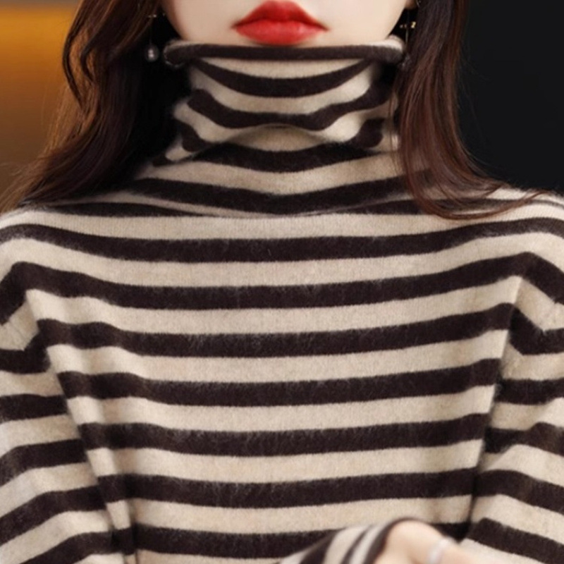 Women's Knit Sweater, Striped, Stand-Up Collar