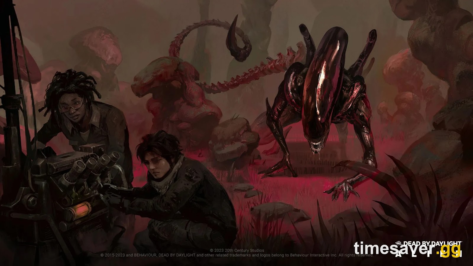 Official Dead by Daylight Alien key art with the Xenomorph stalking two Survivors repairing a Generator