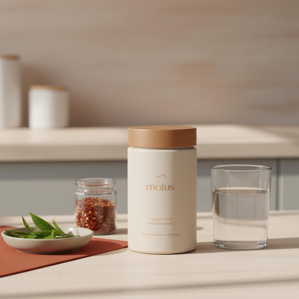 Minimalist kitchen counter with Tonum Motus container, glass of water, bowl of fresh green tea leaves and dried chili flakes — what is the strongest natural fat burner?