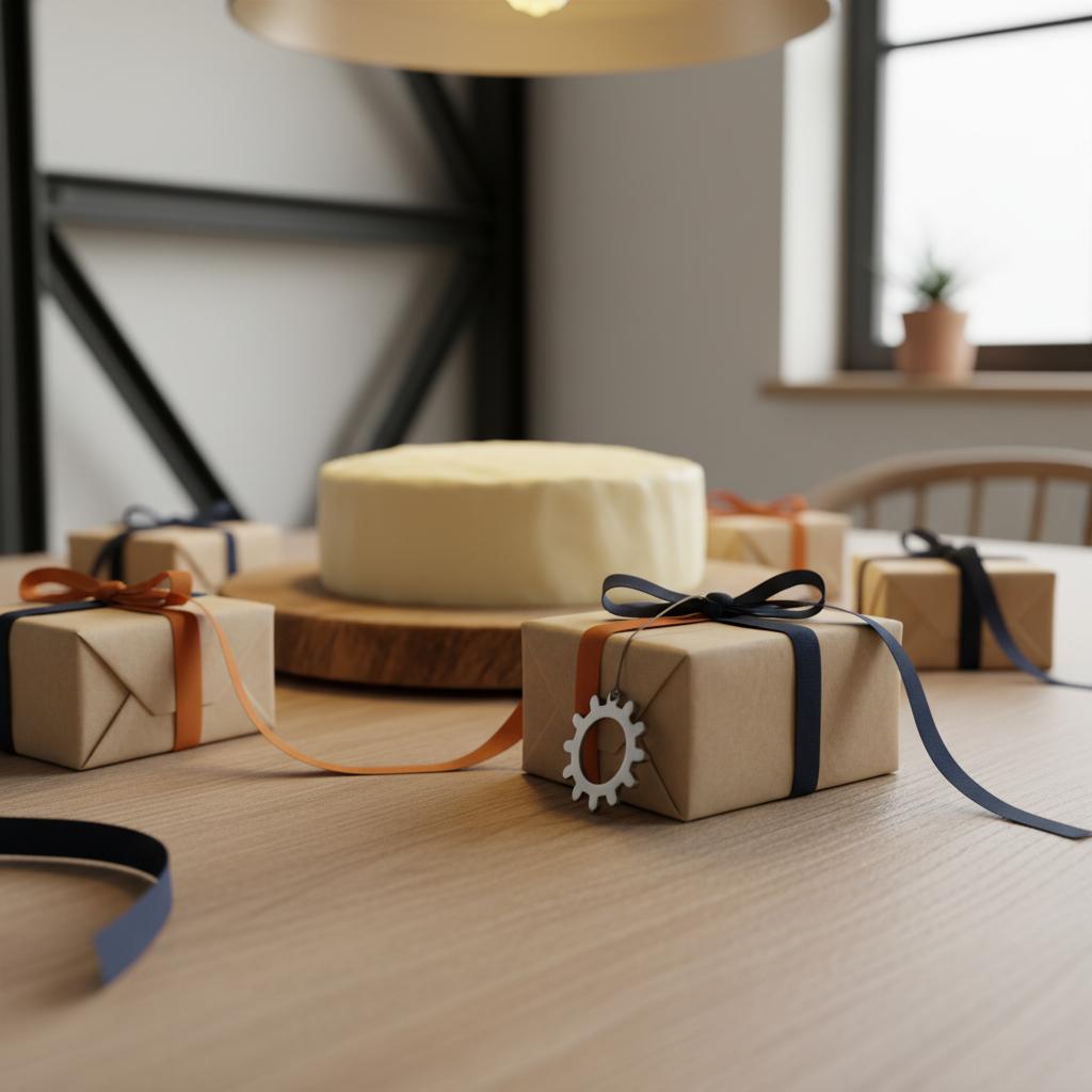Nahaufnahme eines aufgeräumten Esstisches mit kleinen Geschenken und einer simplen Vanilletorte, Fokus auf Metallanhänger – geldgeschenk erzieherin