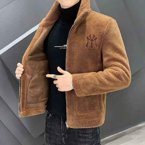 Men's jacket with faux shearling, lined, stand-up collar