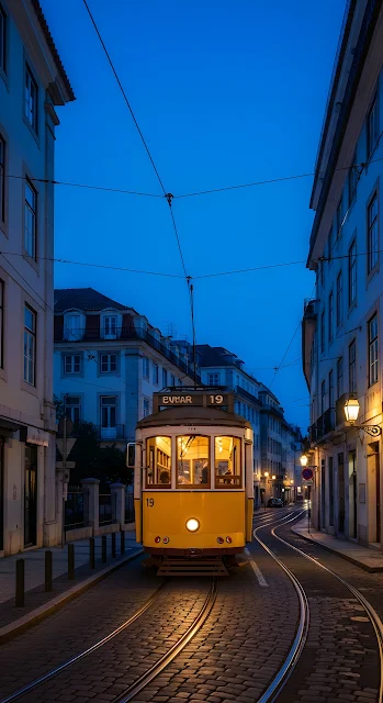 Vintage Yellow Tram on Lisbon Street at Dusk