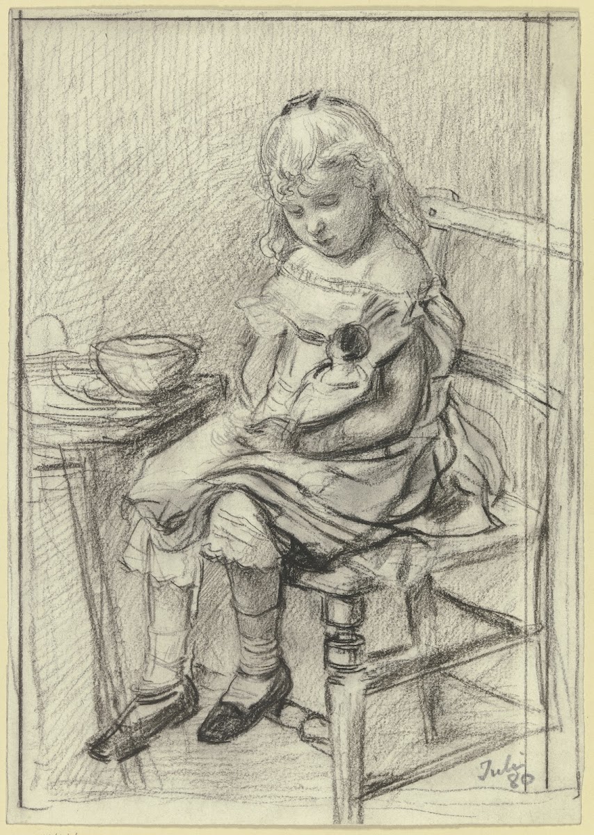 Kleines Mädchen eine Puppe fütternd 1880