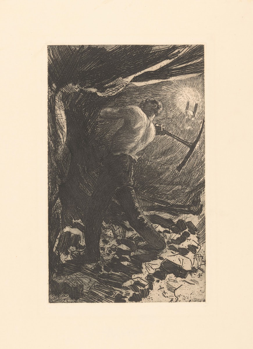 Mijnarbeider met bloot bovenlijf 19th century