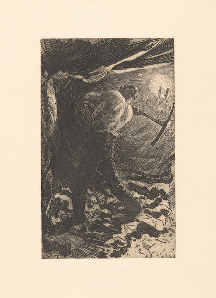 Mijnarbeider met bloot bovenlijf 19th century