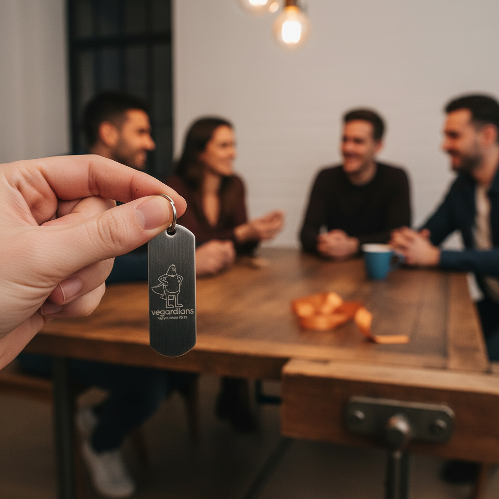 Nahaufnahme einer gravierten Edelstahl‑Plakette auf Schlüsselanhänger in warmer, industriell-wohnlicher Abend-Szene mit Freunden, sichtbare Gravurdetails — beliebte weihnachtsgeschenke