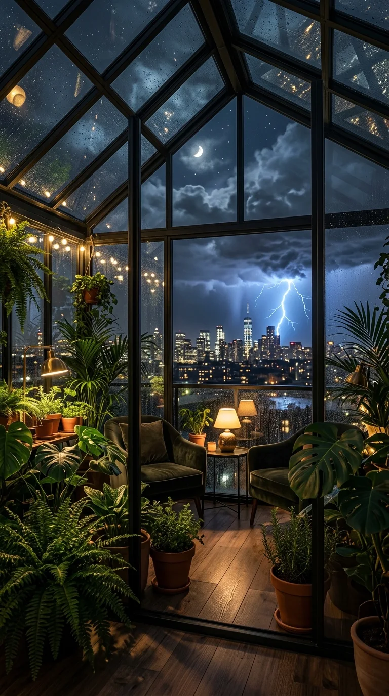 Rooftop Greenhouse in Rain with Distant Thunderstorm - Free 4K mobile Wallpaper