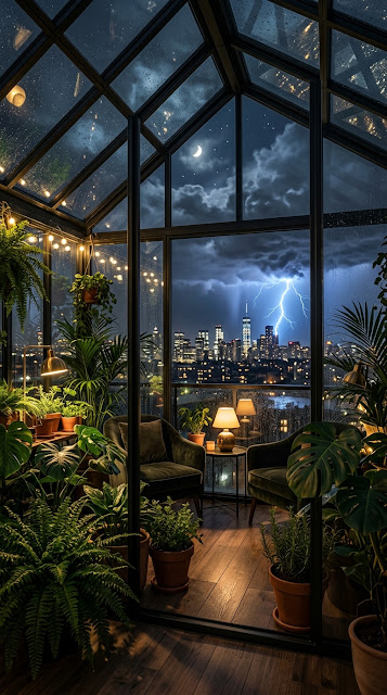 Rooftop Greenhouse in Rain with Distant Thunderstorm - Free mobile Wallpaper