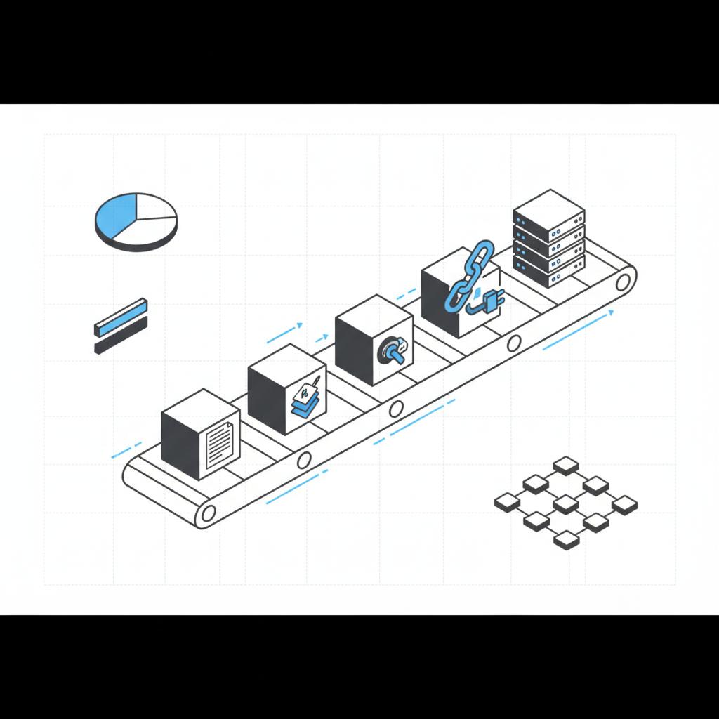 Isometric minimal vector of a website assembly line with modular blocks for content, design, integrations, and hosting illustrating website development cost workflow.
