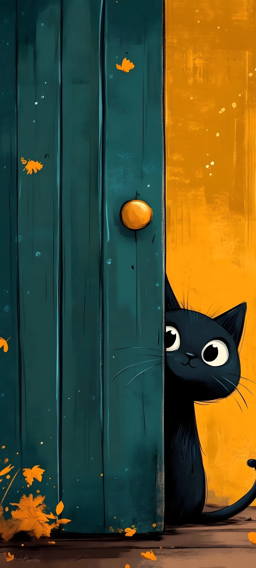 Adorable Black Cat Peeking from Behind a Teal Door - Free 4K mobile Wallpaper
