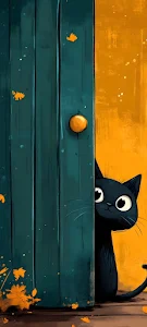 Adorable Black Cat Peeking from Behind a Teal Door