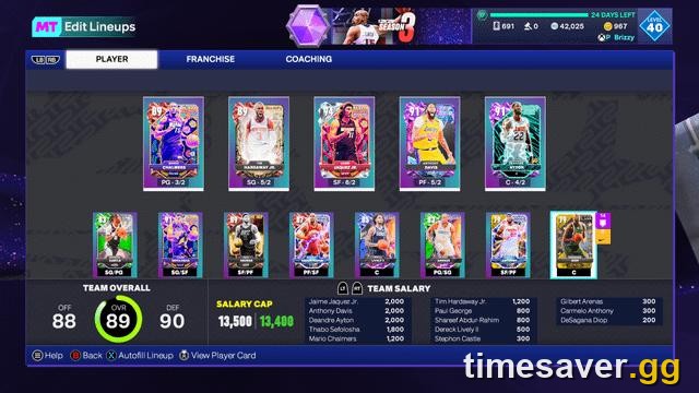 NBA 2K27 MyTEAM lineup screen with position slots and card ratings