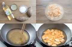 Đầu tiên, bạn gọt vỏ khoai lang sau đó cắt thành từng miếng vuông vừa ăn, khi cắt bạn nhớ ngâm khoai trong nước để khoai không bị đen nhé. Sau đó, vớt khoai ra rổ và để ráo. Bắc chảo ngập dầu lên bếp, khi dầu nóng đều thì cho khoai lang vào chiên vàng giòn (khoảng 8-10 phút).