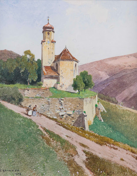 Hügelige Sommerlandschaft mit Kapelle und Personenstaffage