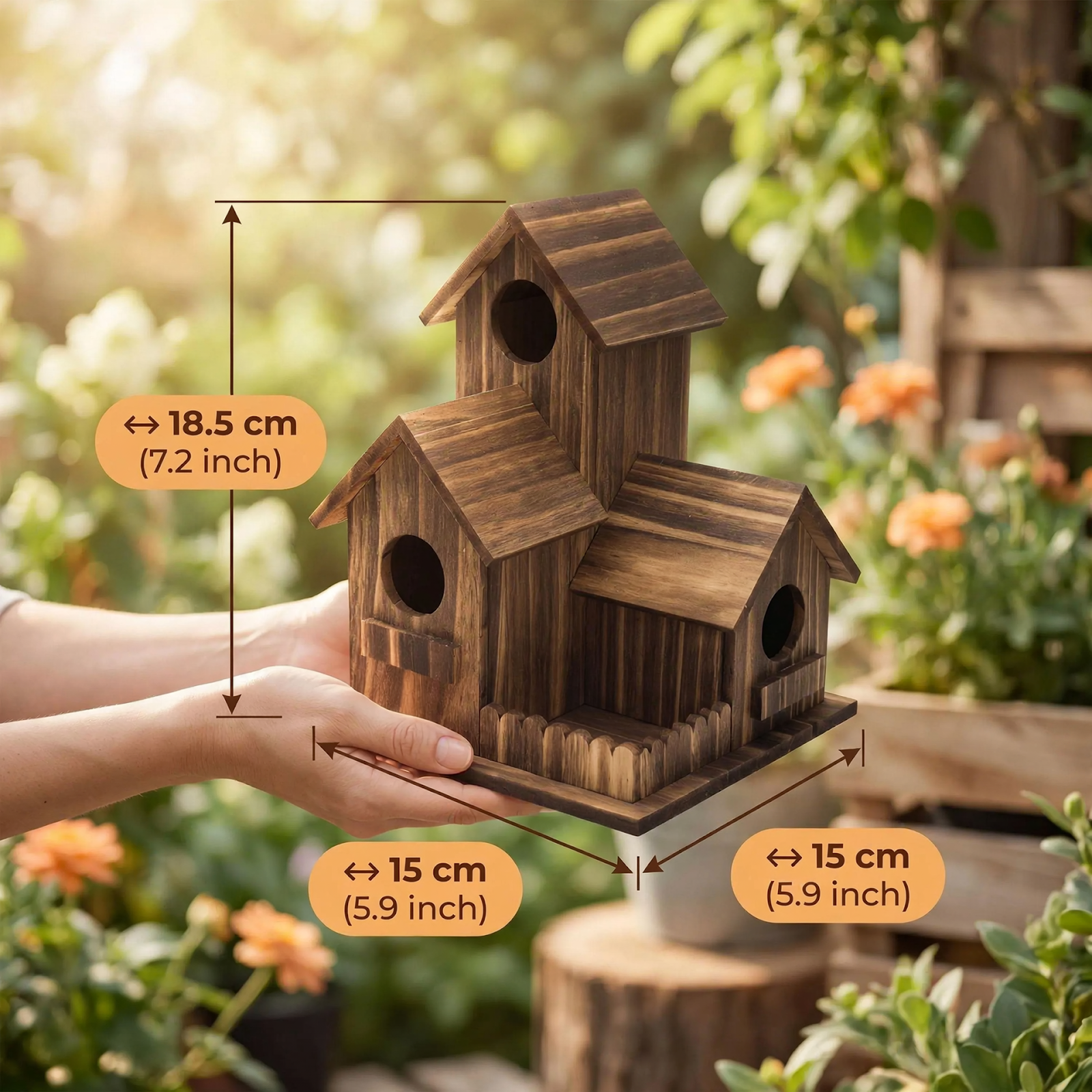 Two-Story Birdhouse Made from Carbonized Pine Wood