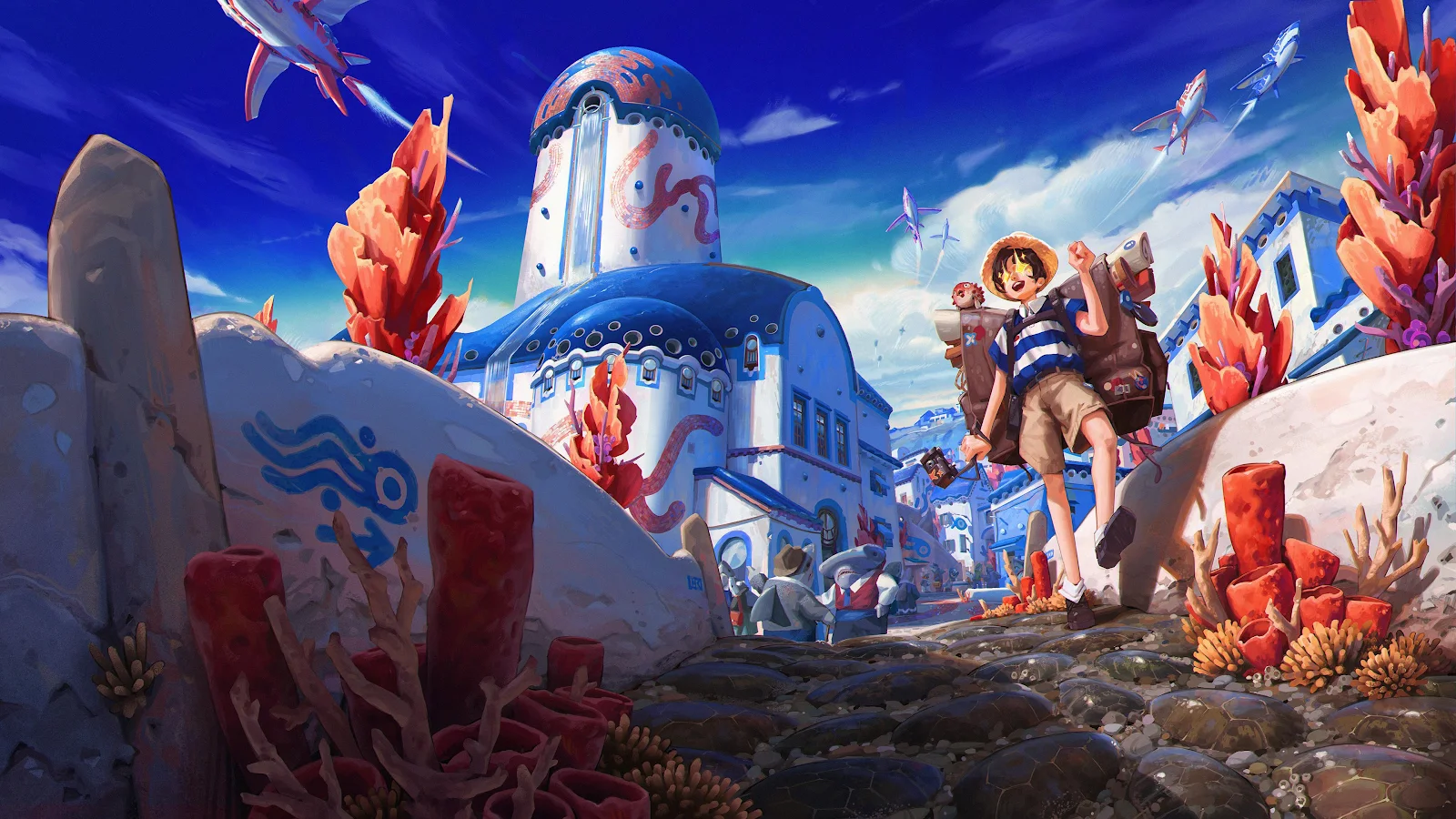 Boy Exploring Blue Coral City - Fantasy Digital Illustration 4K Wallpaper (3840x2160)
