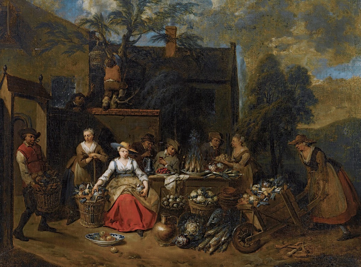 An Elegant Company In A Landscape Amongst Different Fruits And Vegetables A Woma