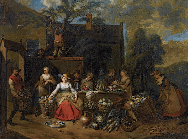 An Elegant Company In A Landscape Amongst Different Fruits And Vegetables A Woma