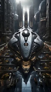 Massive silver spaceship docked in towering futuristic city