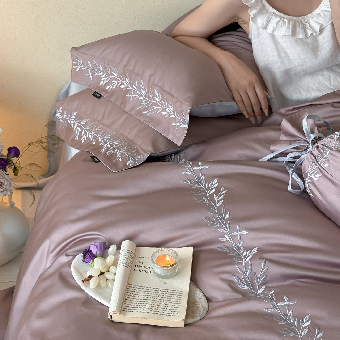Long-staple cotton bedding, 4-piece, embroidered
