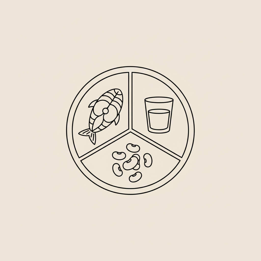 What are three foods cardiologists say not to eat? Minimal Tonum-style vector line illustration of a divided plate showing a fish fillet, handful of beans, and a glass of water on beige background.